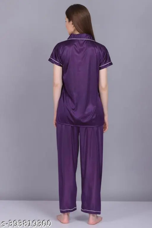 Black satin pajama night suite for women, short-sleeved solid design