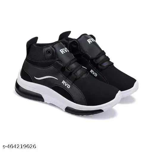 Black and white sports shoes for kids, with velcro straps