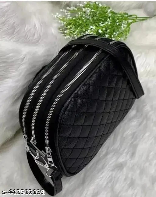 Black stylish sling bag with multiple zip compartments