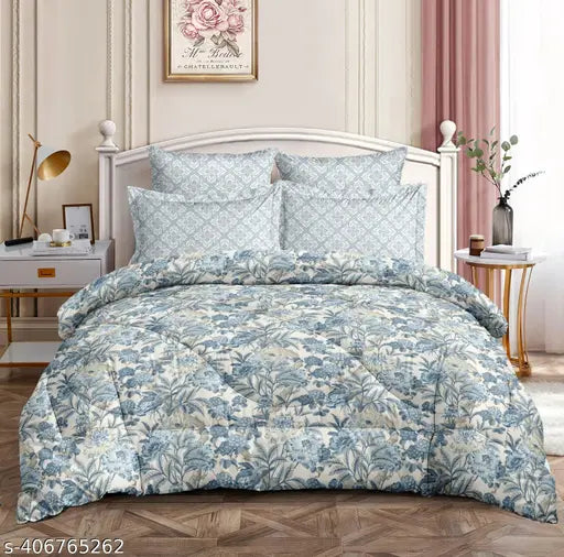 Quilted cotton-blend AC comforter (85x85 inches), double bed size. Lightweight warmth, microfiber softness, and breathability. Ideal for mild winter and allergy sufferers. Machine washable