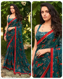 Women's pure georgette saree in shades of blue and red, plain background, qaulity sash, 6 yards