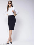 Women's black cotton blend pencil skirt, solid net design, available in sizes 30 and 32