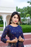Blue rayon embroidered Anarkali Kurta with three-quarter sleeves, handcrafted in Jaipur, India