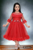Net party dress with three-quarter sleeves, vibrant printed design for kids aged 4-10 years. Made in India