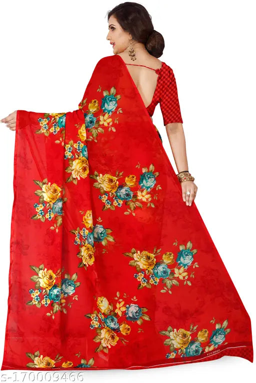 Unstitched red georgette saree daily wear with blouse piece