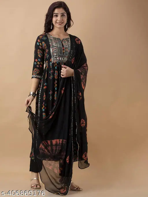 Rayon Nayra cut kurta set, printed combo, three-quarter sleeves, Indian fashion for women