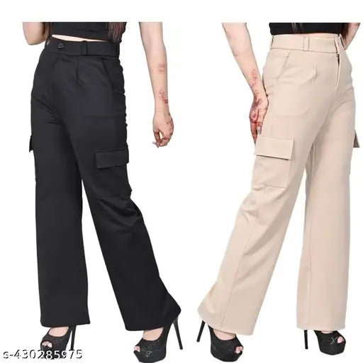 Khaki cargo pants with pockets, zip front fly, elastic waistband