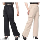 Khaki cargo pants with pockets, zip front fly, elastic waistband