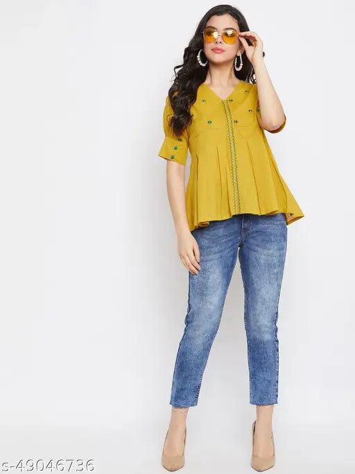 Cotton embroidered women's casual top, mustard color, short sleeves. High-quality office wear with breathable and hypoallergenic cotton fabric