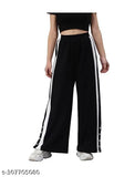 Black track pants with high waist, cropped length, and white stripes down sides