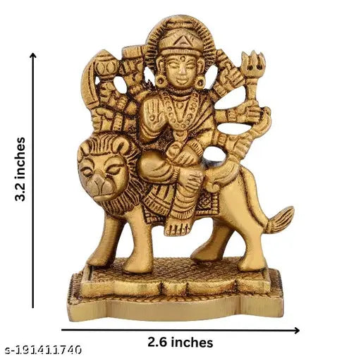 Brass Durga mata idol, home and office decoration. Goddess Durga murti with lion mount. 270gm, 32 inch height