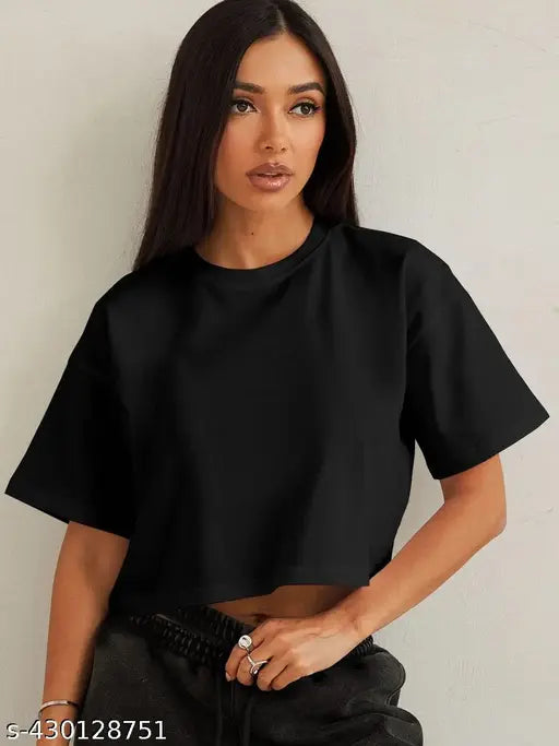 Black cotton cropped crop top, loose fit, short sleeves, round neck, drop down shoulders - ideal for women's summer wear & athletic style