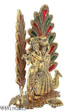 Handcrafted gold-plated Radha Krishna Idol Statue with Diya Peacock Design, Indian antique decorative showpiece for home or gift (10cm x 10cm x 10cm)
