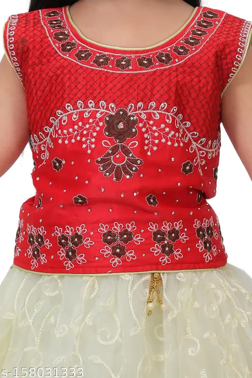 Soft silk lehenga choli for kids, embroidered with net dupatta, perfect for traditional Indian events on display