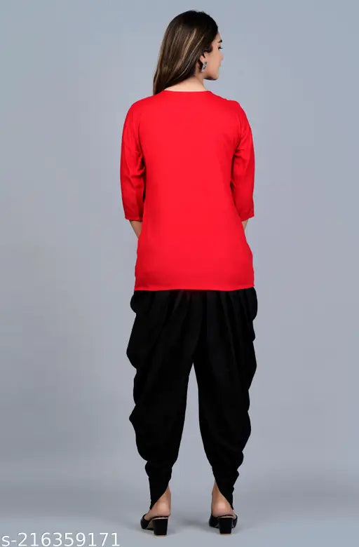 Rayon tunic-dhoti set with three-quarter sleeves, Indian embroidered garment collection