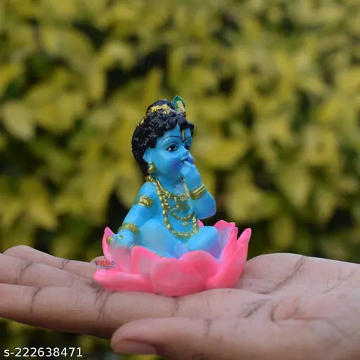 Polyresin Baby Lotus Krishna Makhan Chor Statue Murti - Indian religious showpiece for home, office, or car dashboards
