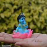 Polyresin Baby Lotus Krishna Makhan Chor Statue Murti - Indian religious showpiece for home, office, or car dashboards