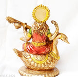 Handcrafted Saraswati statue on swan, metal base, vibrant colors, intricate details