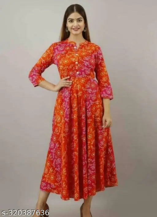 Rayon printed women's kurti with three-quarter sleeves, stylish umbrella pattern on a fashionable Indian outfit