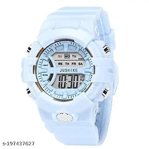 White digital sports watch with black straps, blue numbers and hands, and a gray screen