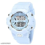 White digital sports watch with black straps, blue numbers and hands, and a gray screen