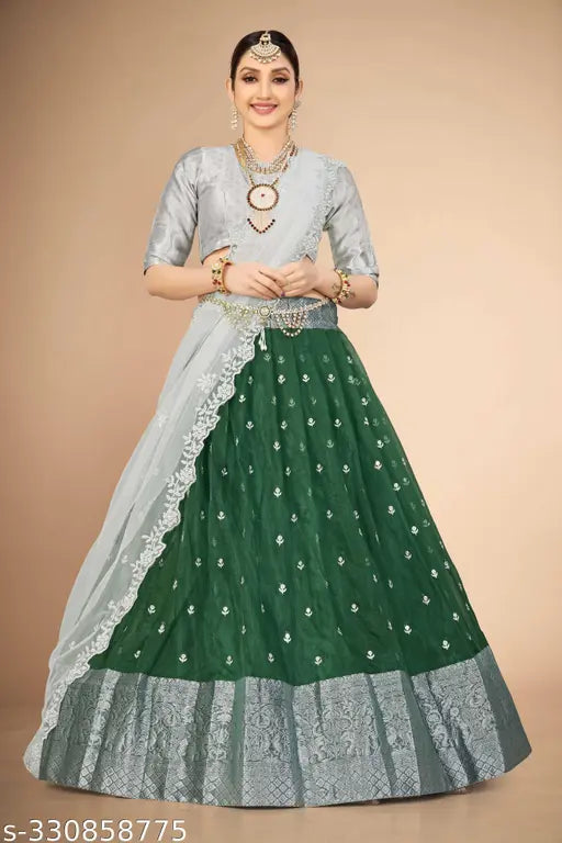 Embroidered Orgenza Zari traditional South Indian Half Saree set, art silk top, net choli and dupatta, semi-stitched, ready to ship, Indian origin