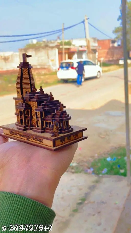 Handcrafted wooden Shri Ram Mandir Temple for home decoration, Indian 3D temple showpiece (11cm x 11cm x 6cm)