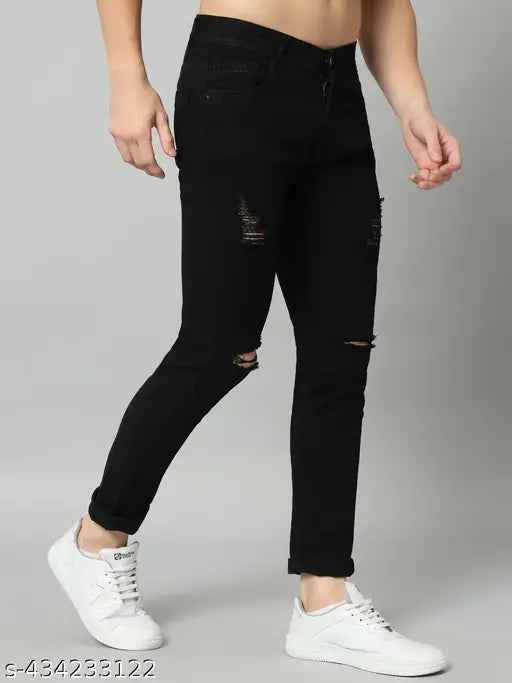 Black men's slim-fit jeans, lycra fabric, solid net, stylish fit - size 30/32/34 (waist 30/32/34, length 40, hip 34/36/38) origin India