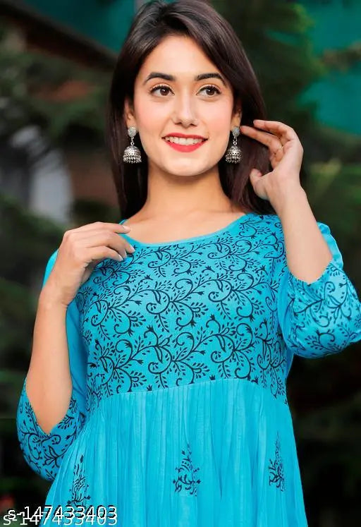 Women's Sky Blue Rayon Hand Block Print Detail Anarkali Kurti, size S-XXXL, vibrant Indian traditional wear