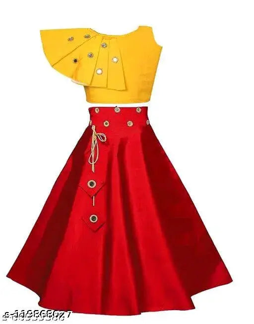 kids girls cotton blend lehenga choli with taffeta silk, sleeveless, solid color & mirror work. Indian handcrafted traditional attire for 3-15 year olds