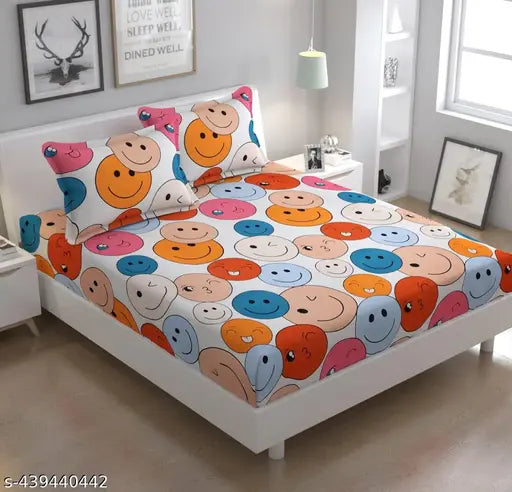 Designer super soft glace cotton smiley face round elastic fitted double bed sheet (72x78), with two matching pillow covers (16x27). Premium quality, breathable, and color-retaining. Ideal for summer use, suitable for adults. Made in India