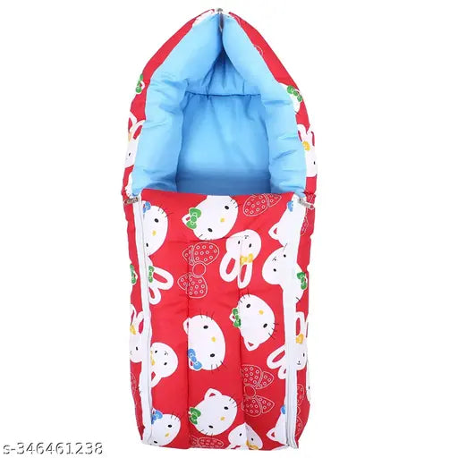 Red kitty printed cotton sleeveless 2-in-1 sleeping bag/carry bag bedding set for babies (India)