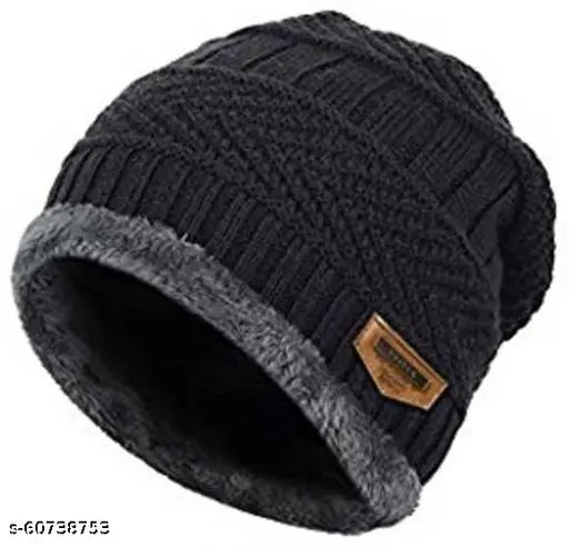Black acrylic beanie cap with faux fur inside, pack of 2