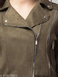 Solid polyester suede leather women's winter jacket, classic streetwear style with zipper details