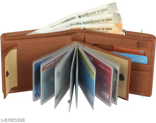 SAMTROH Tan PU wallet, compact and spacious men's card holder with soft polyester lining, perfect gift for any occasion
