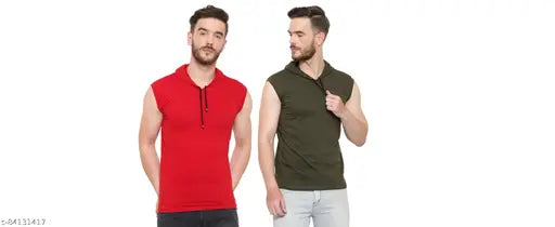 Polycotton sleeveless hooded mens t-shirt, solid color with chest sizes S/38in, M/40in, L/42in, XL/44in from India