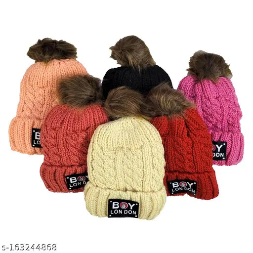 Woolen beanie caps, assorted colors and soft pompoms