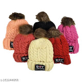 Woolen beanie caps, assorted colors and soft pompoms