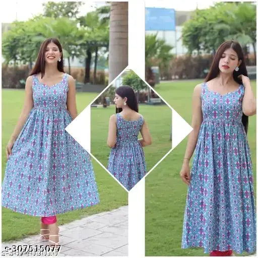 Blue printed rayon sleeveless Anarkali kurta, perfect for outdoor evening parties and weddings, size S-XXXL