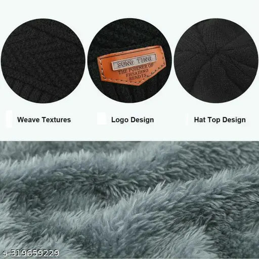 Black cotton knit beanie with neck warmer