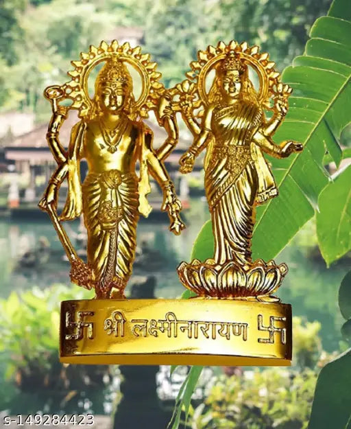 Golden Lakshmi and Narayan idols, 10cm tall, Hindu deity figurines