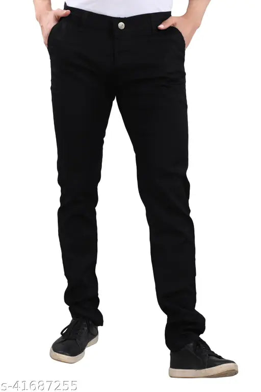 Black denim jeans for men by SEGVAY, ideal for rock n roll wardrobe or smart-casual events. Solid design, fits waist size 30 and length size 42 inches. Made in India
