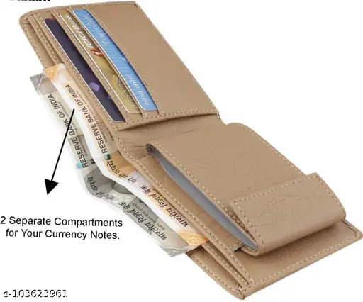 Cream faux leather men's wallet with 2 compartments, free size (11cm x 10cm), made in India