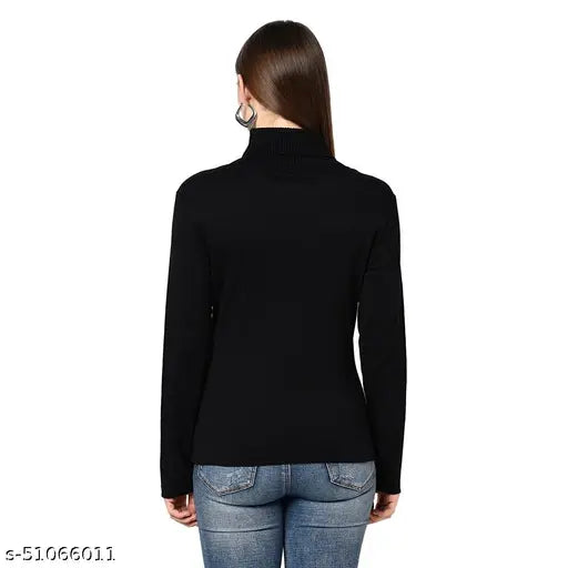Black cotton roll-up turtleneck top for women, solid pattern, layered with long sleeves