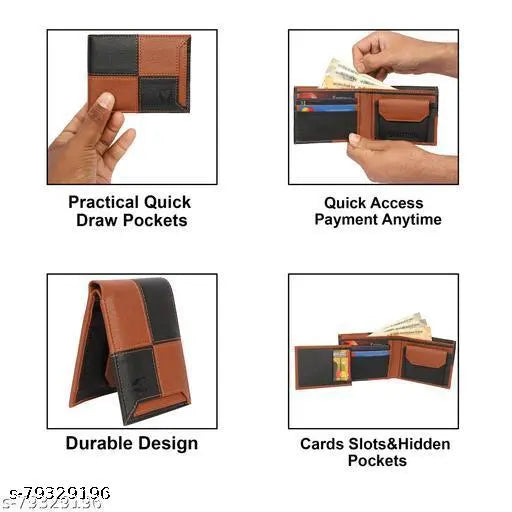Tan & black PU leather square design slider wallet for men, featuring 2 compartments, RFID blocking technology, and sleek modern aesthetic
