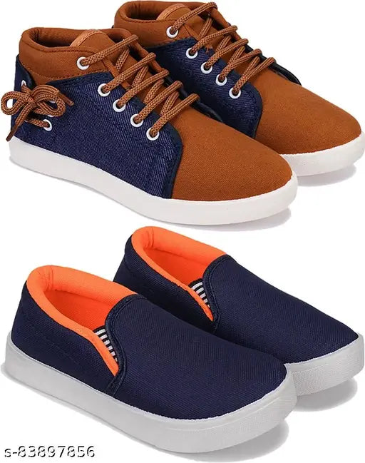Bersache Kids Multi-Color Sports and Running Shoes Combo, 2 pairs in navy blue and orange with white sole