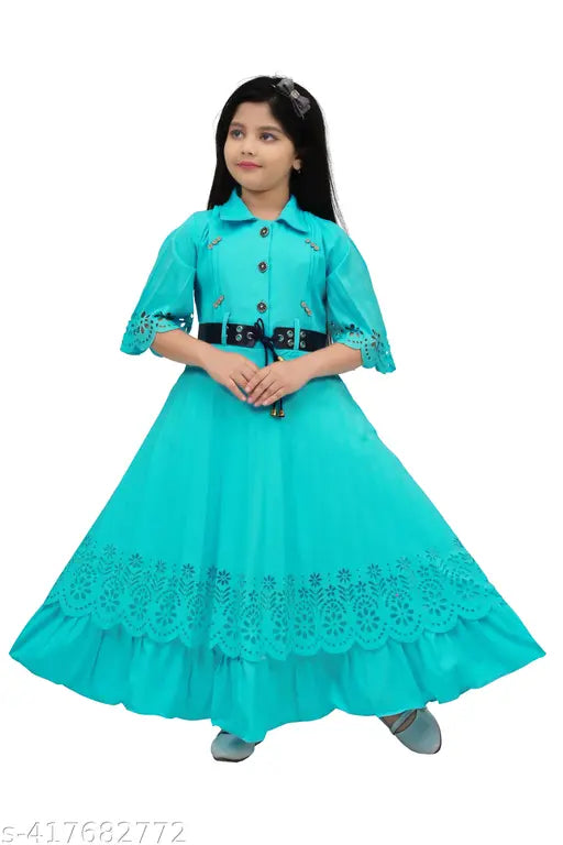 Acrylic three-quarter sleeve party dress for girls, Nayra style solid pattern, various sizes available from 3-4 to 13-14 years