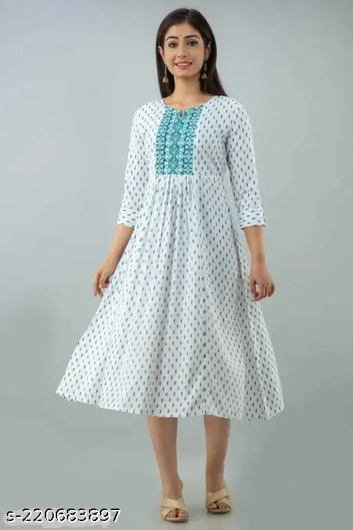 A trendy, printed anarkali kurta with short sleeves, a round neckline, and long skirt length