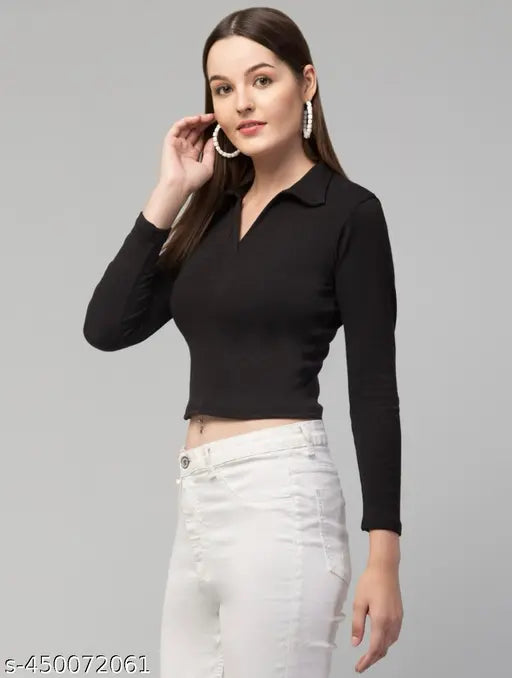 Casual cotton-blend long sleeves black top for women, solid design, available in sizes S-XL