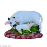 Marble figurine depicting a cow statue with calf, decorative item for home office or as a gift